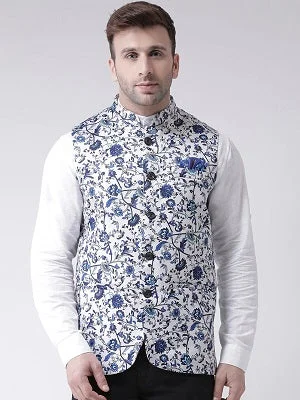 M33 Blue And White Flower Printed Nehru Jacket, Size (Size (38 to 42) Denim Fabric Leather Fabric Suede Fabric M33 Blue And White Flower Printed Nehru Jacket, Size (Size (38 to 42) Denim Fabric Leather Fabric Suede Fabric