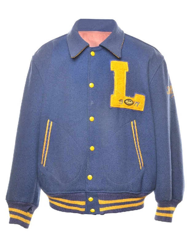Navy & Yellow 1977 Letterman Varsity Jacket - L Appliqued Jacket Beaded Jacket Sequined Jacket Navy & Yellow 1977 Letterman Varsity Jacket - L Appliqued Jacket Beaded Jacket Sequined Jacket