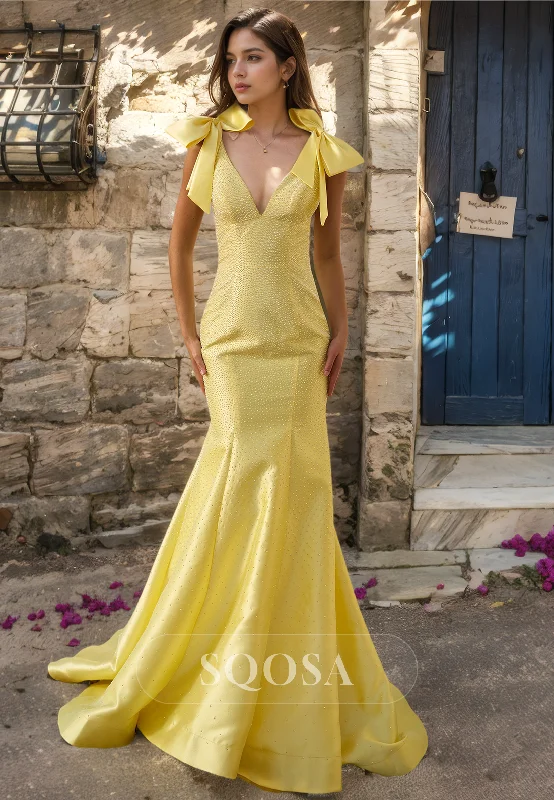 Deep V-Neck Sleeveless Straps Mermaid Prom Dress Fully Beaded Sweep Train Party Gowns with Bows Deep V-Neck Sleeveless Straps Mermaid Prom Dress Fully Beaded Sweep Train Party Gowns with Bows