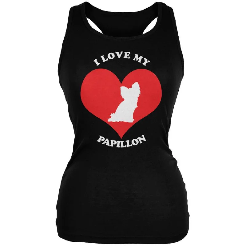Valentines I Love My Papillon Black Juniors Soft Tank Top peach tank top