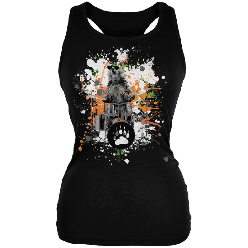 Bear Drummer Splatter Black Juniors Soft Tank Top fitted tank top