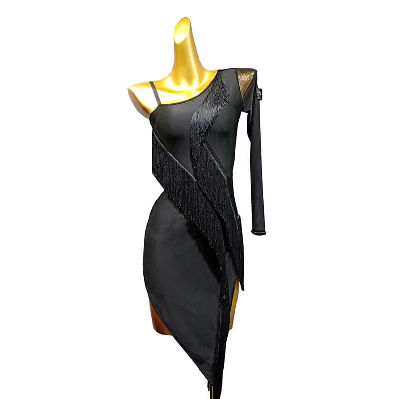 Collarless One Sleeve Latin Dress with Tassels