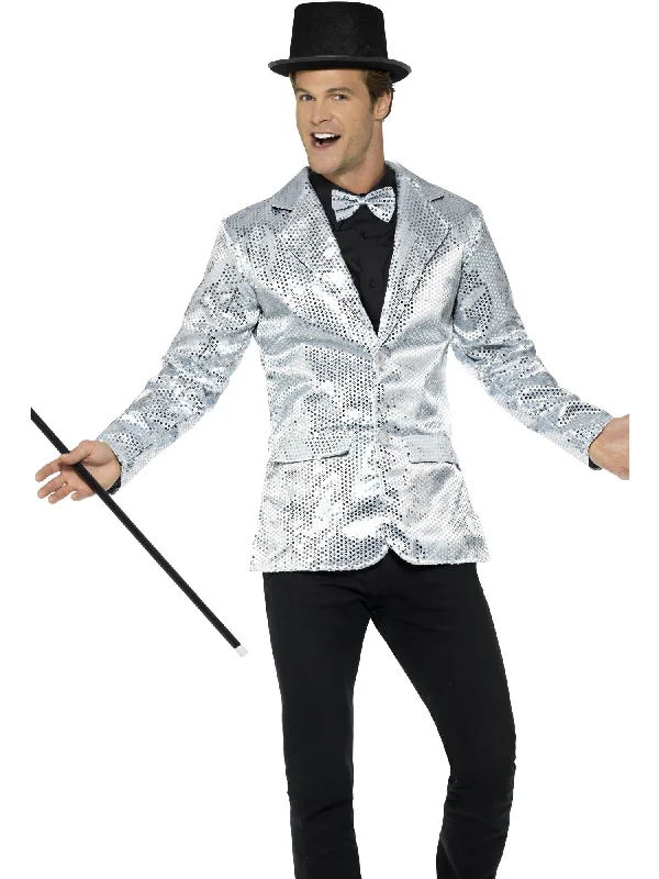 Sequin Jacket, Mens, Silver Front Pockets Side Pockets Patch Pockets