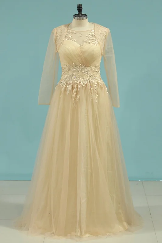 A Line Scoop Mother Of The Bride Dresses Tulle With Applique And Jacket Zip Front Button Front Snap Front A Line Scoop Mother Of The Bride Dresses Tulle With Applique And Jacket Zip Front Button Front Snap Front