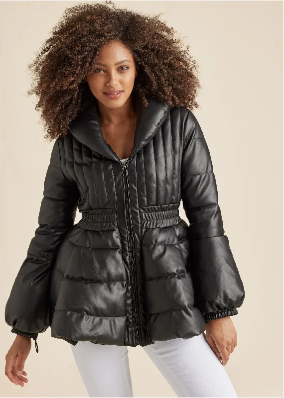 Peplum Puffer Jacket - Black One-Shoulder Jacket Off-the-Shoulder Jacket Asymmetrical Jacket Peplum Puffer Jacket - Black One-Shoulder Jacket Off-the-Shoulder Jacket Asymmetrical Jacket