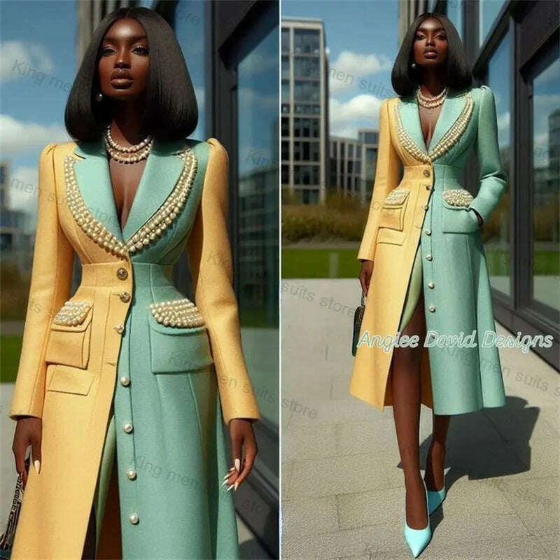 Luxury Pearls Women Suit Long Blazer Yellow Mint Cotton Overcoat Customized Formal Office Lady Wedding Prom Dress Jacket Coat Satin Fabric Silk Fabric Chiffon Fabric Luxury Pearls Women Suit Long Blazer Yellow Mint Cotton Overcoat Customized Formal Office Lady Wedding Prom Dress Jacket Coat Satin Fabric Silk Fabric Chiffon Fabric