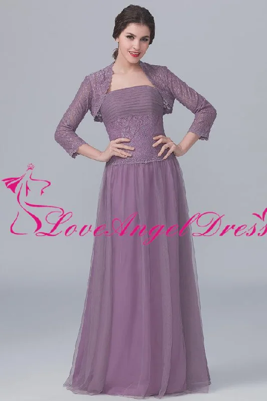 Dusty Purple Tulle Lace Mother of the Brides Dresses with Jacket Stand-Up Collar Roll-Neck Collar Turtle Neck Dusty Purple Tulle Lace Mother of the Brides Dresses with Jacket Stand-Up Collar Roll-Neck Collar Turtle Neck