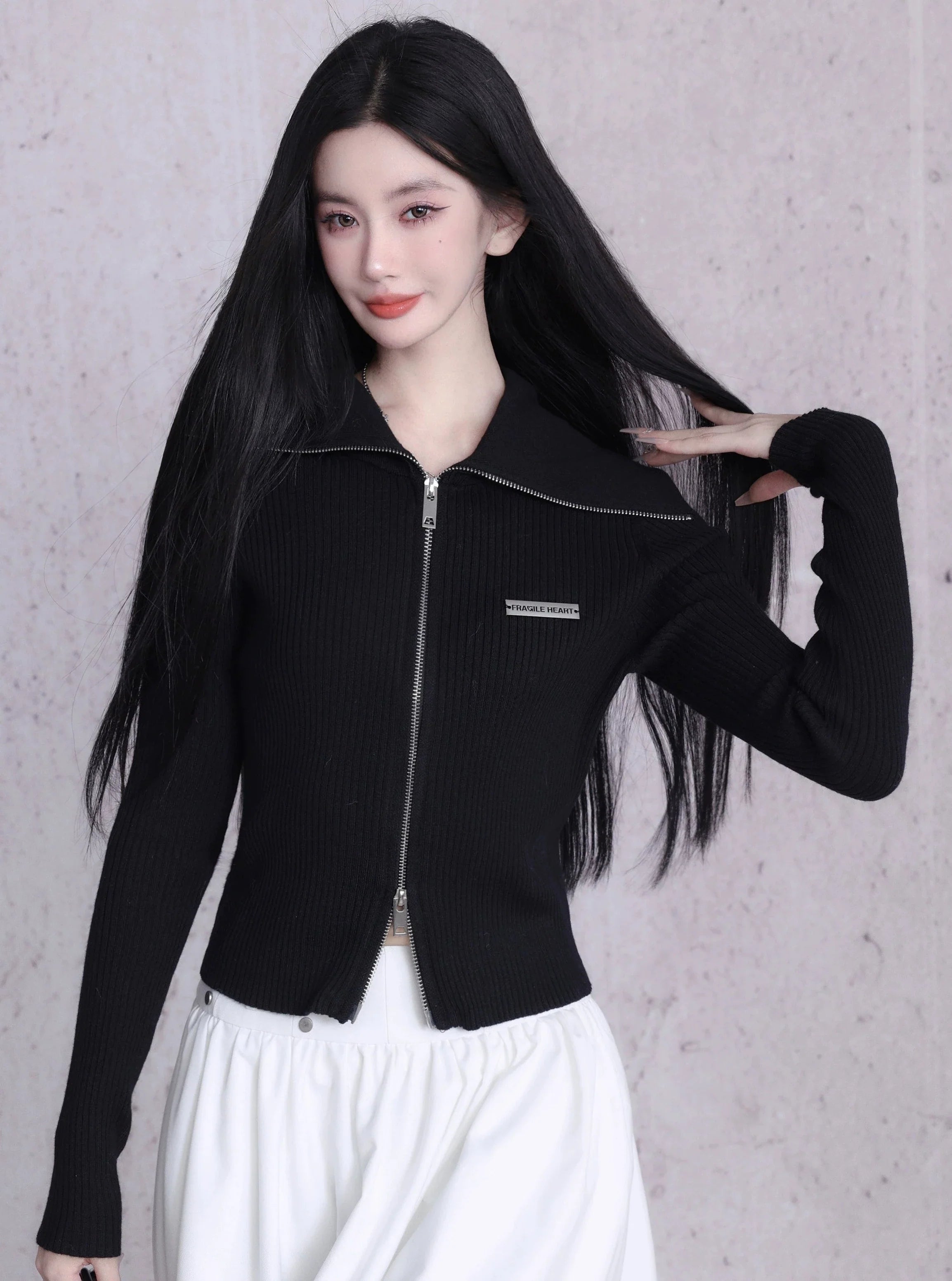 Ribbed Zip-Front Cropped Cardigan - Fitted Long Sleeve Knit Top Stylish Fashionable Trendy Ribbed Zip-Front Cropped Cardigan - Fitted Long Sleeve Knit Top Stylish Fashionable Trendy