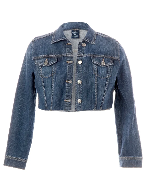 Reworked Kylie Raw Edge Cropped Denim Jacket - M Embroidered Jacket Appliqued Jacket Beaded Jacket Reworked Kylie Raw Edge Cropped Denim Jacket - M Embroidered Jacket Appliqued Jacket Beaded Jacket