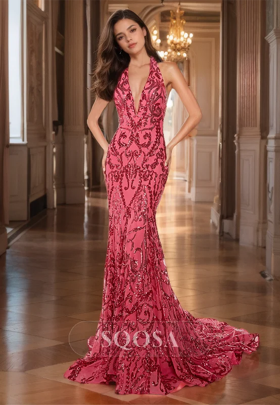 Halter Deep V-Neck Sleeveless Mermaid Prom Dress Beaded Glitter Lace Sweep Train Evening Gowns Halter Deep V-Neck Sleeveless Mermaid Prom Dress Beaded Glitter Lace Sweep Train Evening Gowns