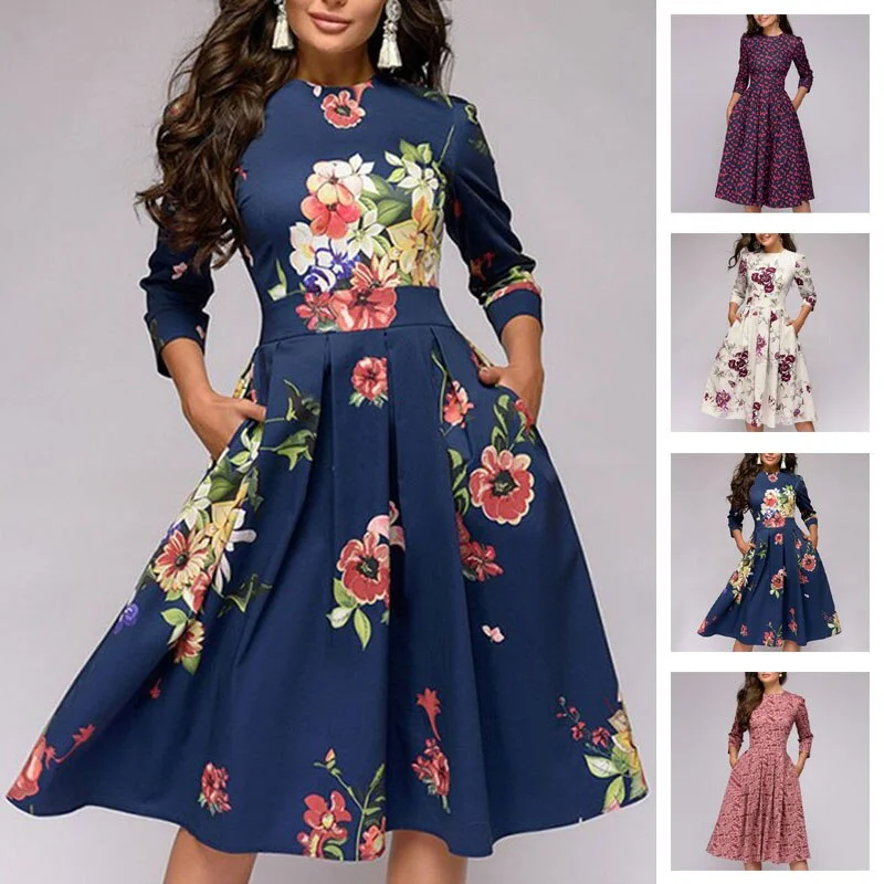 Women Elegent A-line Dress 2021 Vintage printing party vestidos Three Quarter Sleeve women Autumn Dress Women Elegent A-line Dress 2021 Vintage printing party vestidos Three Quarter Sleeve women Autumn Dress