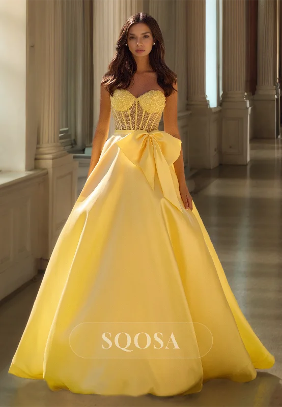Sweetheart Off-Shoulder Sleeveless Party Gowns Beaded Pleated Satin A-Line Prom Dress with Bow Sweetheart Off-Shoulder Sleeveless Party Gowns Beaded Pleated Satin A-Line Prom Dress with Bow