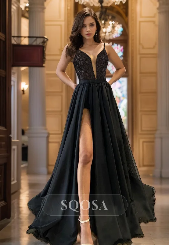 A-Line Deep V-Neck Spaghetti Straps Sleeveless Prom Dress Sequined Pleated Evening Gowns A-Line Deep V-Neck Spaghetti Straps Sleeveless Prom Dress Sequined Pleated Evening Gowns