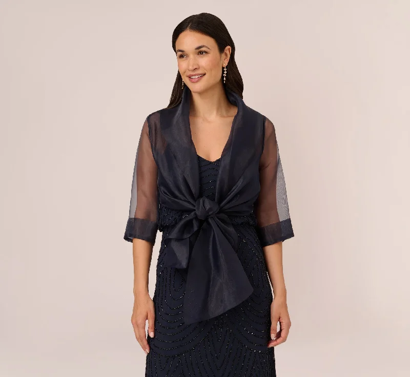 Organza Wrap Jacket With Short Sleeves In Midnight Snapped Jacket Toggled Jacket Drawstring Jacket Organza Wrap Jacket With Short Sleeves In Midnight Snapped Jacket Toggled Jacket Drawstring Jacket