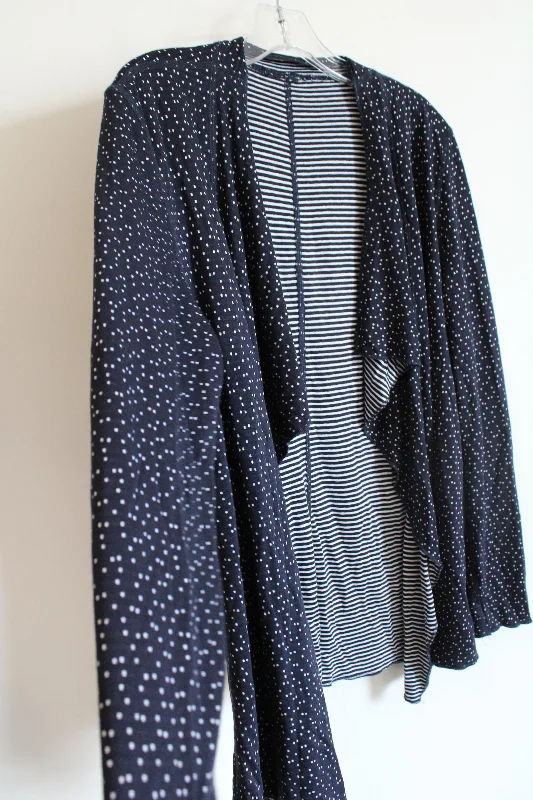 Navy Blue Spotted & Striped Reversable Cardigan | M Boat Neck Shawl Collar Notched Collar Navy Blue Spotted & Striped Reversable Cardigan | M Boat Neck Shawl Collar Notched Collar