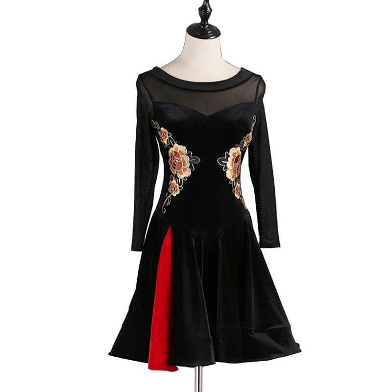 Boat Neck Long Sleeve Latin Dress with Flowers