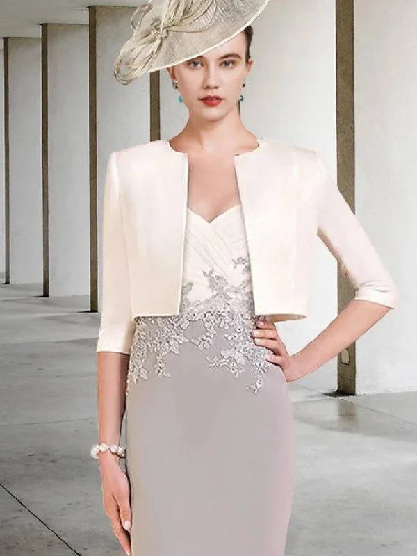 Two Piece Sheath / Column Mother of the Bride Dress Elegant V Neck Knee Length Lace Stretch Chiffon Short Sleeve with Appliques Side-Draped 2022 Two Piece Sheath / Column Mother of the Bride Dress Elegant V Neck Knee Length Lace Stretch Chiffon Short Sleeve with Appliques Side-Draped 2022