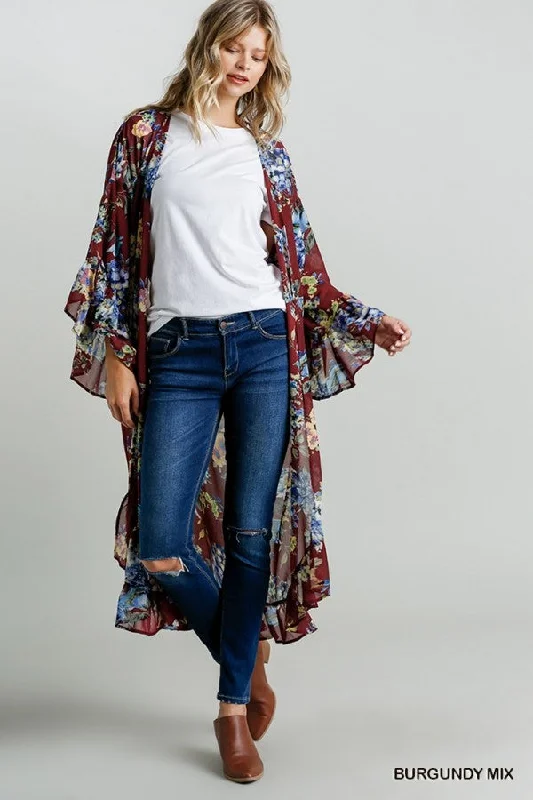 Burgundy & Blue Floral Long Sleeve Chiffon Ruffle Kimono Cardigan {Umgee} Iron Safe Non-Iron Wrinkle Free Burgundy & Blue Floral Long Sleeve Chiffon Ruffle Kimono Cardigan {Umgee} Iron Safe Non-Iron Wrinkle Free