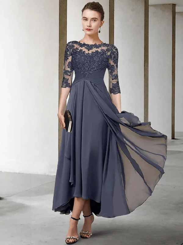 A-Line Mother of the Bride Dress Plus Size Elegant High Low Jewel Neck Asymmetrical Tea Length Chiffon Lace A-Line Mother of the Bride Dress Plus Size Elegant High Low Jewel Neck Asymmetrical Tea Length Chiffon Lace
