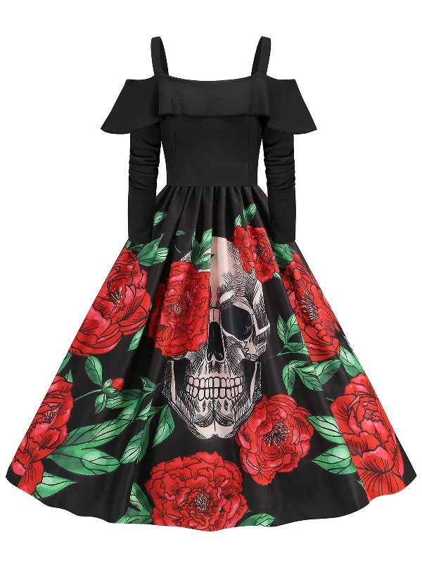 Black 1950s Cold-Shoulder Halloween Skull Roses Dress