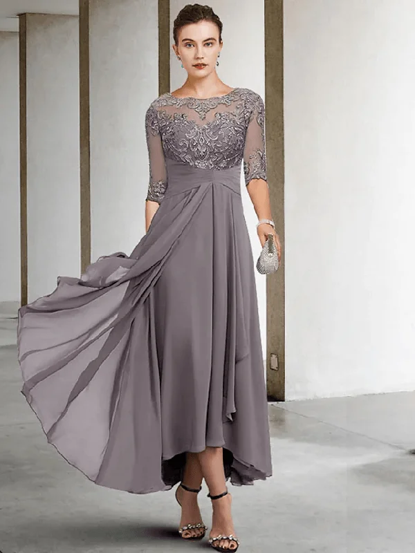 A-Line Mother of the Bride Dress Plus Size Elegant High Low V Neck Asymmetrical Ankle Length Chiffon Lace Half Sleeve A-Line Mother of the Bride Dress Plus Size Elegant High Low V Neck Asymmetrical Ankle Length Chiffon Lace Half Sleeve