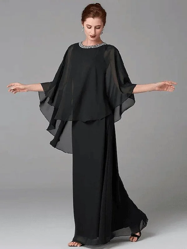 A-Line Mother of the Bride Dress Plus Size Elegant Jewel Neck Floor Length Chiffon Sleeveless with Beading A-Line Mother of the Bride Dress Plus Size Elegant Jewel Neck Floor Length Chiffon Sleeveless with Beading