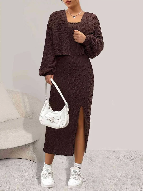 Open Front Long Sleeve Cardigan and Side Slit Cami Dress Set Jersey Fabric Tulle Fabric Batik Fabric Open Front Long Sleeve Cardigan and Side Slit Cami Dress Set Jersey Fabric Tulle Fabric Batik Fabric