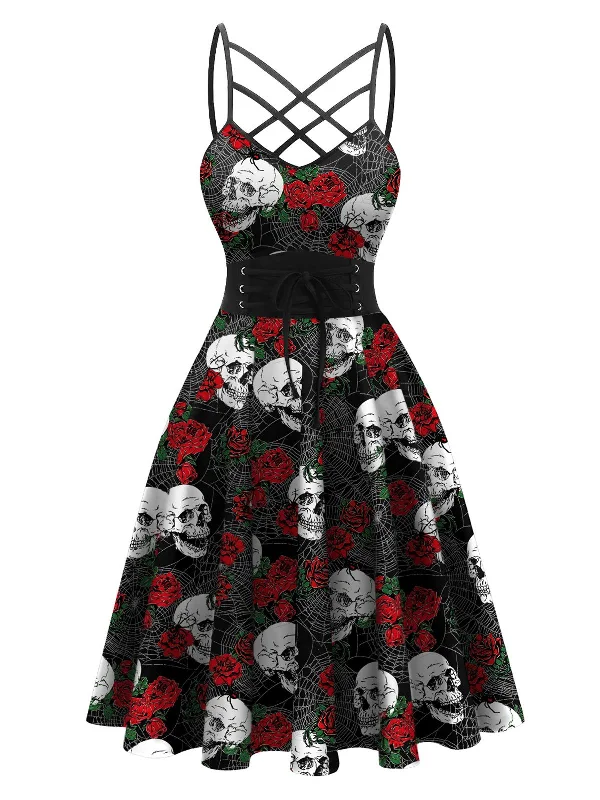 Black 1950s Skull Print Swing Dress