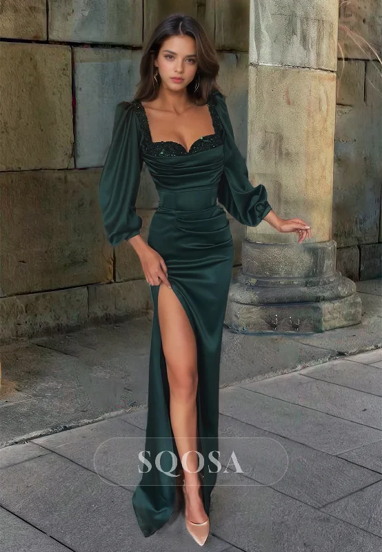 Sweetheart Long Sleeves Satin Mermaid Prom Dress Floor-Length with Beaded Evening Dress Sweetheart Long Sleeves Satin Mermaid Prom Dress Floor-Length with Beaded Evening Dress