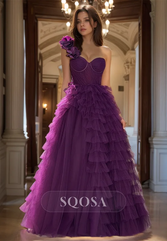 Off-Shoulder Sweetheart Sleeveless Tulle Formal Gowns Floral Embossed Pleated Tiered A-Line Prom Dress Off-Shoulder Sweetheart Sleeveless Tulle Formal Gowns Floral Embossed Pleated Tiered A-Line Prom Dress
