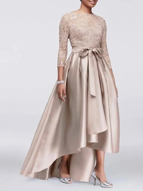 ChampagneShare  Photo by Supplier   A-Line Mother of the Bride Dress Plus Size Sexy Jewel Neck Asymmetrical Lace Satin 3/4 Length Sleeve with Sash / Ribbon Appliques