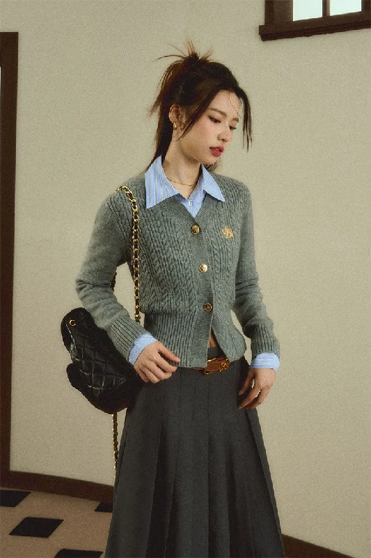 Classic Gray Cable Knit Cardigan: V-Neck Button-Front Sweater with Embroidered Logo Patchwork Embroidered Appliqued Classic Gray Cable Knit Cardigan: V-Neck Button-Front Sweater with Embroidered Logo Patchwork Embroidered Appliqued