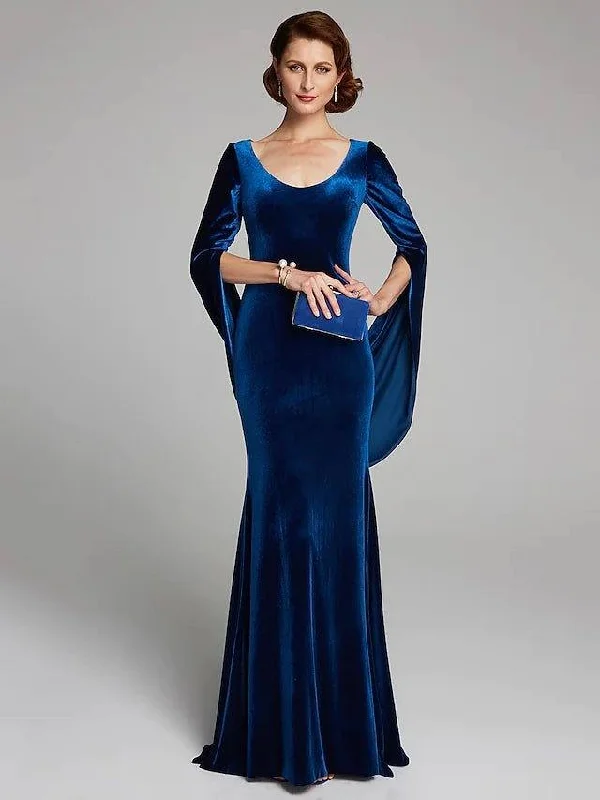 Mermaid / Trumpet Mother of the Bride Dress Plus Size Vintage Sexy Scoop Neck Sweep / Brush Train Velvet Long Sleeve with Pleats Mermaid / Trumpet Mother of the Bride Dress Plus Size Vintage Sexy Scoop Neck Sweep / Brush Train Velvet Long Sleeve with Pleats