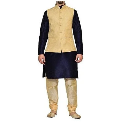 M6, Golden Jacket with Navy Blue Kurta and Gold Payjami, Size (38 to 42) Satin Fabric Silk Fabric Chiffon Fabric M6, Golden Jacket with Navy Blue Kurta and Gold Payjami, Size (38 to 42) Satin Fabric Silk Fabric Chiffon Fabric