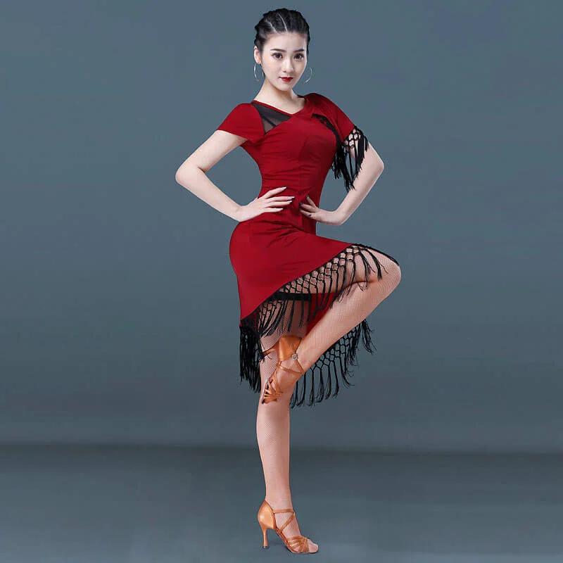 V Neck Short Sleeve Latin Dress with Tassels