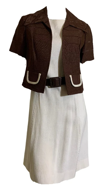 Ivory Sheath Dress with Dark Cocoa Jacket and Belt circa 1960s Zippered Jacket Buttoned Jacket Snapped Jacket Ivory Sheath Dress with Dark Cocoa Jacket and Belt circa 1960s Zippered Jacket Buttoned Jacket Snapped Jacket