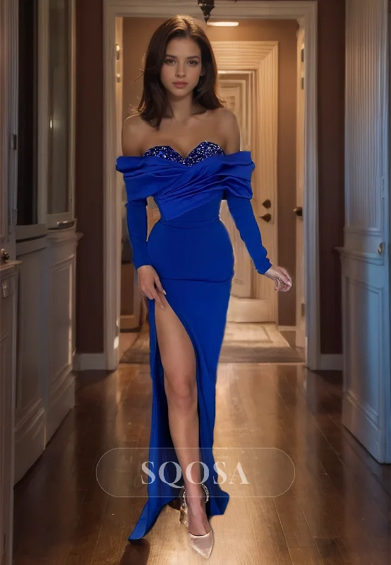 Sweetheart Long Sleeves Mermaid Prom Dress Floor-Length Pleated Satin Formal Gowns with Beaded Sweetheart Long Sleeves Mermaid Prom Dress Floor-Length Pleated Satin Formal Gowns with Beaded