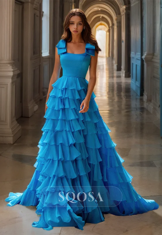 Square-Neck Bows-Straps Sleeveless A-Line Prom Dress Off-Shoulder Chiffon Tiered Formal Gowns Square-Neck Bows-Straps Sleeveless A-Line Prom Dress Off-Shoulder Chiffon Tiered Formal Gowns