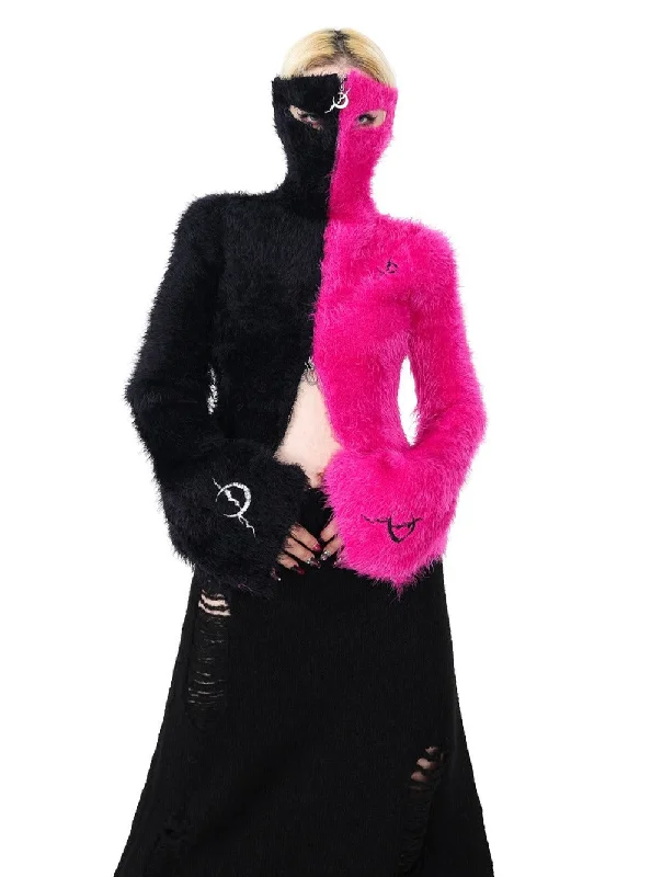 PINKSPINK Two-Tone Fuzzy Cropped Hoodie Cardigan - Black/Hot Pink Herringbone Houndstooth Plaid PINKSPINK Two-Tone Fuzzy Cropped Hoodie Cardigan - Black/Hot Pink Herringbone Houndstooth Plaid