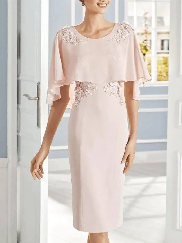 Sheath / Column Mother of the Bride Dress Elegant Jewel Neck Knee Length Chiffon Short Sleeve with Appliques Sheath / Column Mother of the Bride Dress Elegant Jewel Neck Knee Length Chiffon Short Sleeve with Appliques