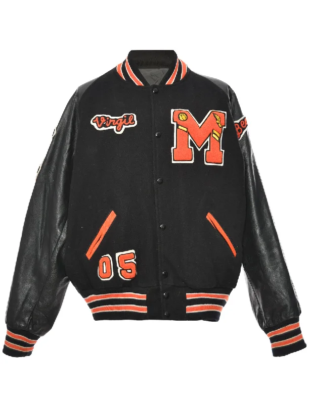 Orange & Black Virgil Brown Applique Design Varsity Jacket - L Wool Jacket Cashmere Jacket Tweed Jacket Orange & Black Virgil Brown Applique Design Varsity Jacket - L Wool Jacket Cashmere Jacket Tweed Jacket