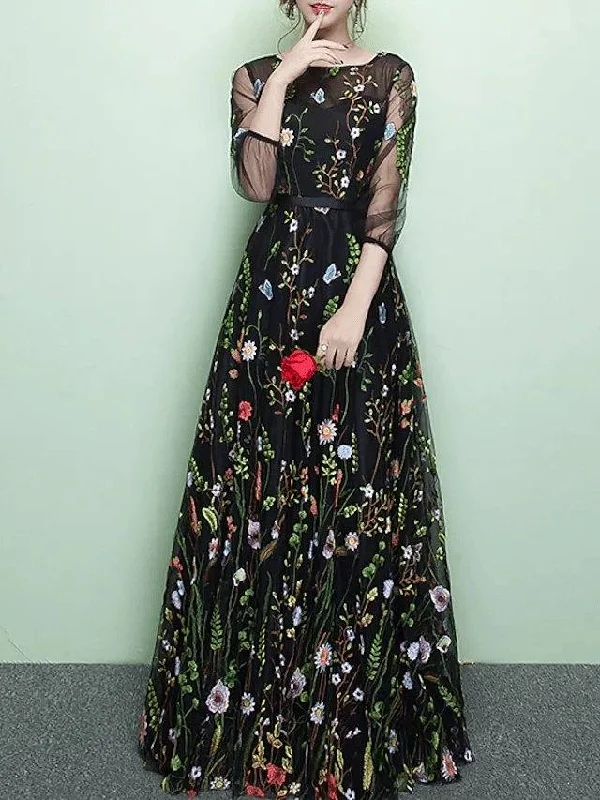 A-Line Elegant Floral Party Wear Prom Dress Jewel Neck 3/4 Length Sleeve Floor Length Lace Tulle with Embroidery A-Line Elegant Floral Party Wear Prom Dress Jewel Neck 3/4 Length Sleeve Floor Length Lace Tulle with Embroidery