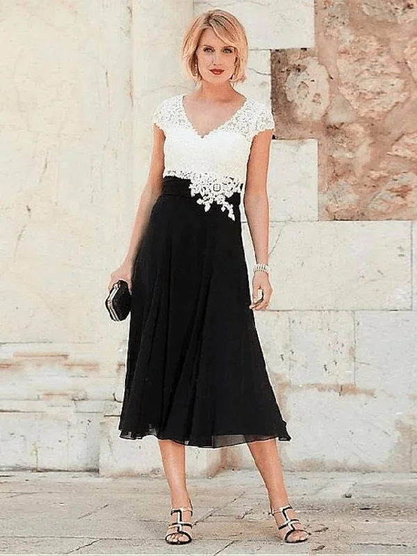 A-Line Mother of the Bride Dress Plus Size V Neck Tea Length Chiffon Lace Short Sleeve with Lace Ruching A-Line Mother of the Bride Dress Plus Size V Neck Tea Length Chiffon Lace Short Sleeve with Lace Ruching