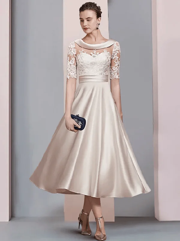 A-Line Mother of the Bride Dress Wedding Guest Vintage Elegant Scoop Neck Tea Length Satin Lace A-Line Mother of the Bride Dress Wedding Guest Vintage Elegant Scoop Neck Tea Length Satin Lace