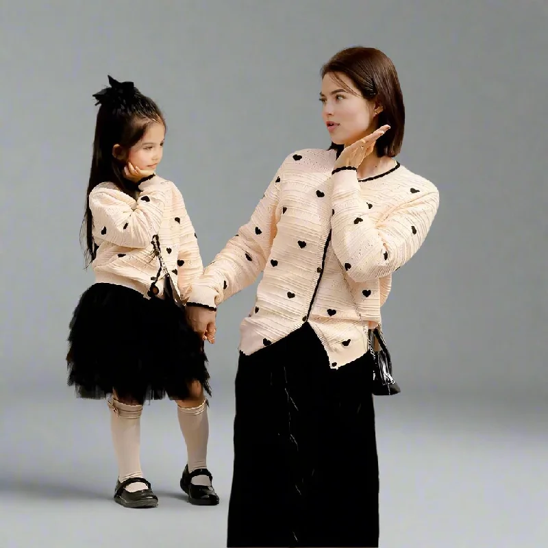 Matching Mother and Daughter Heart Knit Cardigans Cream and Black Sweaters for Mommy & Me Knit Fabric Woven Fabric Fleece Fabric Matching Mother and Daughter Heart Knit Cardigans Cream and Black Sweaters for Mommy & Me Knit Fabric Woven Fabric Fleece Fabric