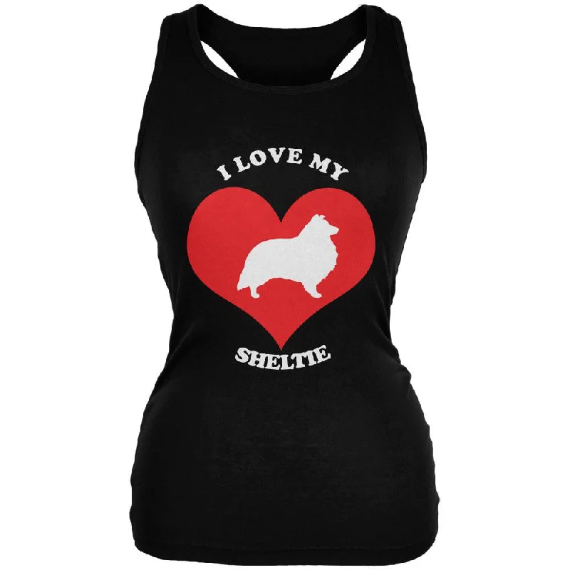 Valentines I Love My Sheltie Black Juniors Soft Tank Top ribbed tank top