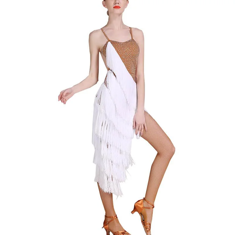 Asymmetric Calf-Length Latin Dress with Tassels
