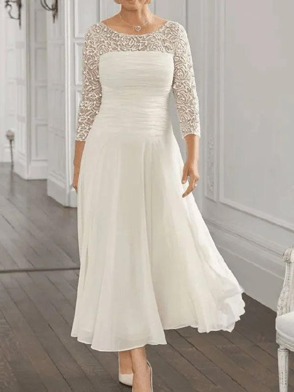 A-Line Mother of the Bride Dress Elegant Jewel Neck Ankle Length Chiffon Lace 3/4 Length Sleeve with Sequin Ruching A-Line Mother of the Bride Dress Elegant Jewel Neck Ankle Length Chiffon Lace 3/4 Length Sleeve with Sequin Ruching