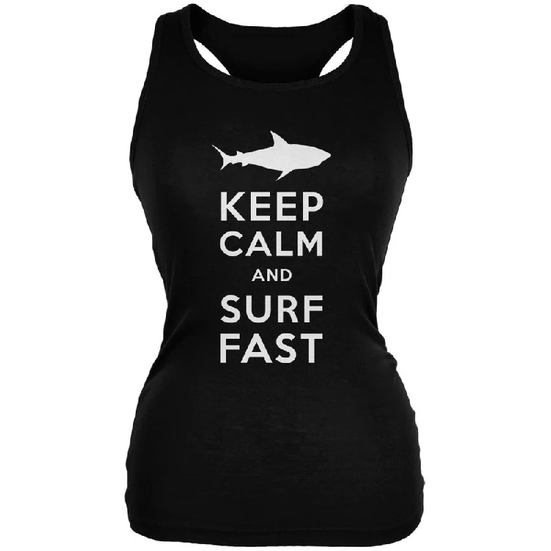 Shark Keep Calm and Surf Fast Black Juniors Soft Tank Top teal tank top