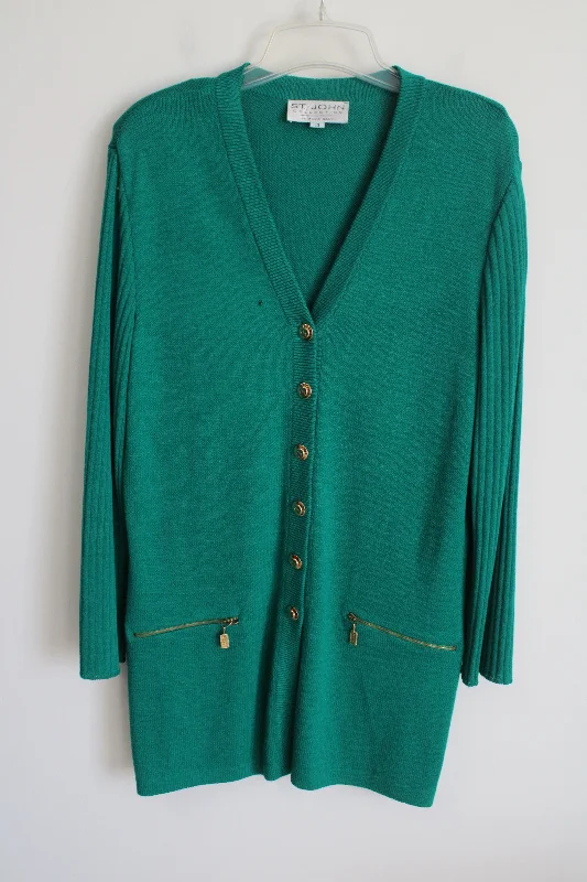 St. John Collection By Marie Gray Green Knit Long Cardigan | 10 Fitted Slim Tailored St. John Collection By Marie Gray Green Knit Long Cardigan | 10 Fitted Slim Tailored